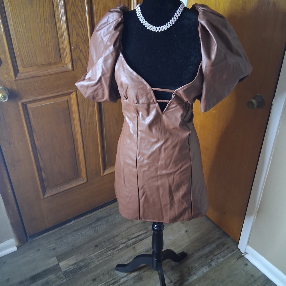 Fashion Nova Brown Puff-Sleeve Faux Leather Mini Dress